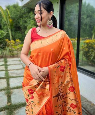 Orange art silk  woven saree 3