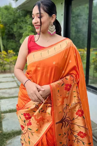Orange art silk  woven saree