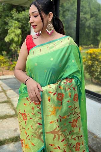 Parrot green art silk  woven saree