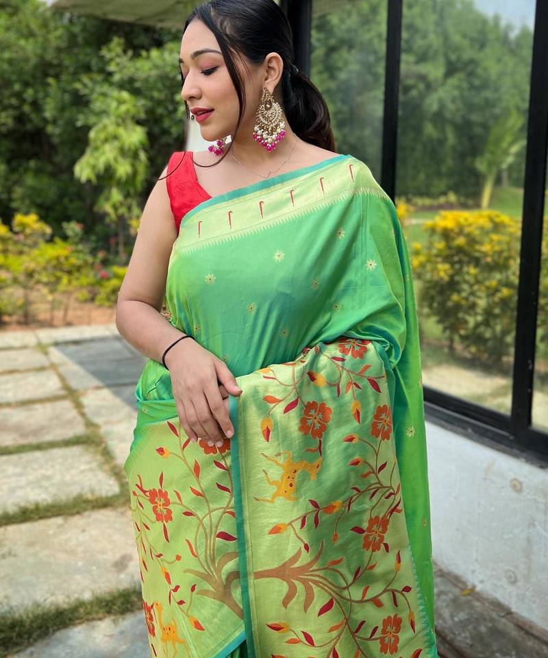 Parrot green art silk  woven saree