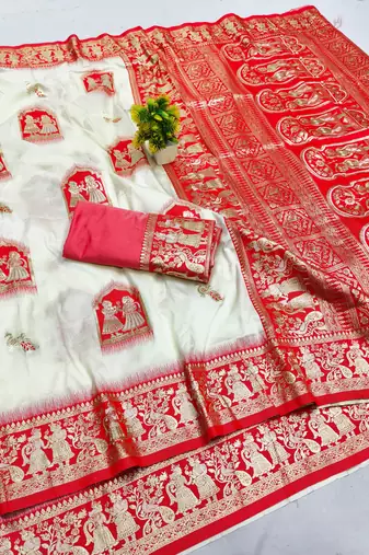 off white zari woven art silk blend baluchari saree with blouse