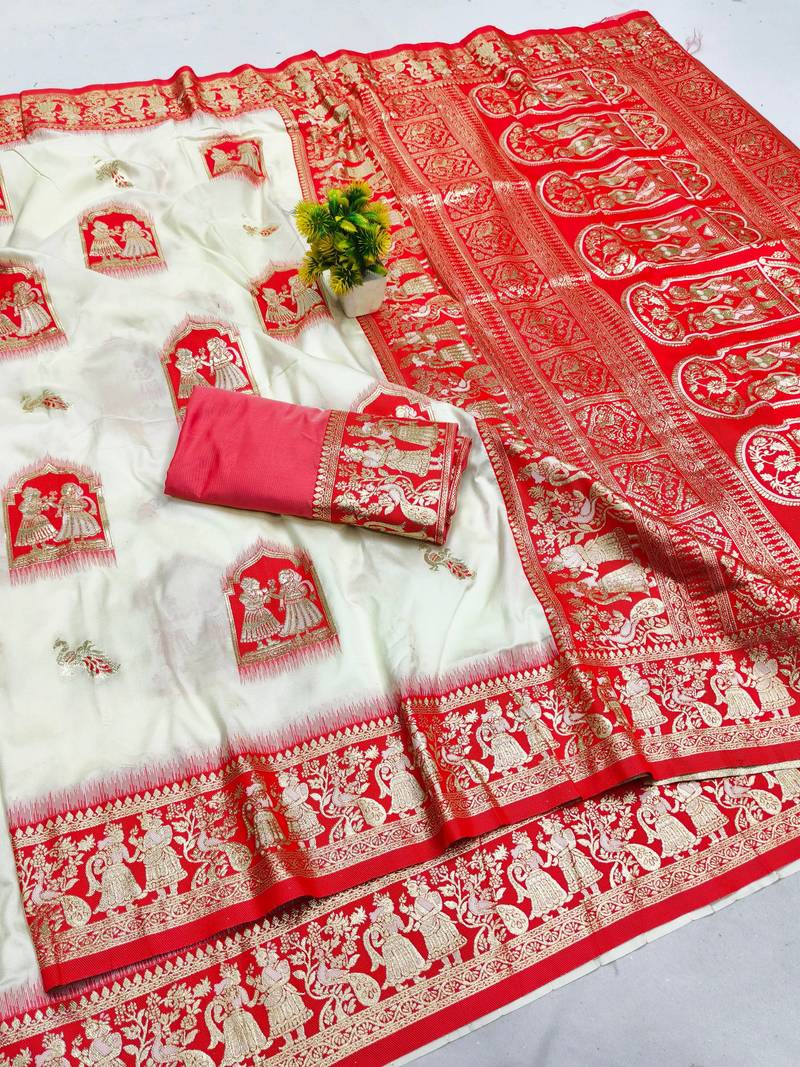 off white zari woven art silk baluchari saree with blouse