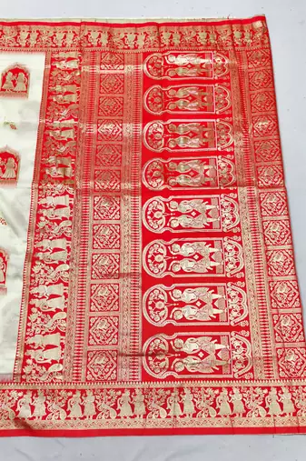off white zari woven art silk blend baluchari saree with blouse