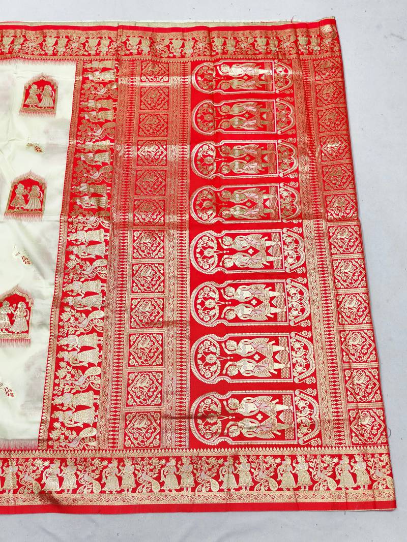 off white zari woven art silk baluchari saree with blouse