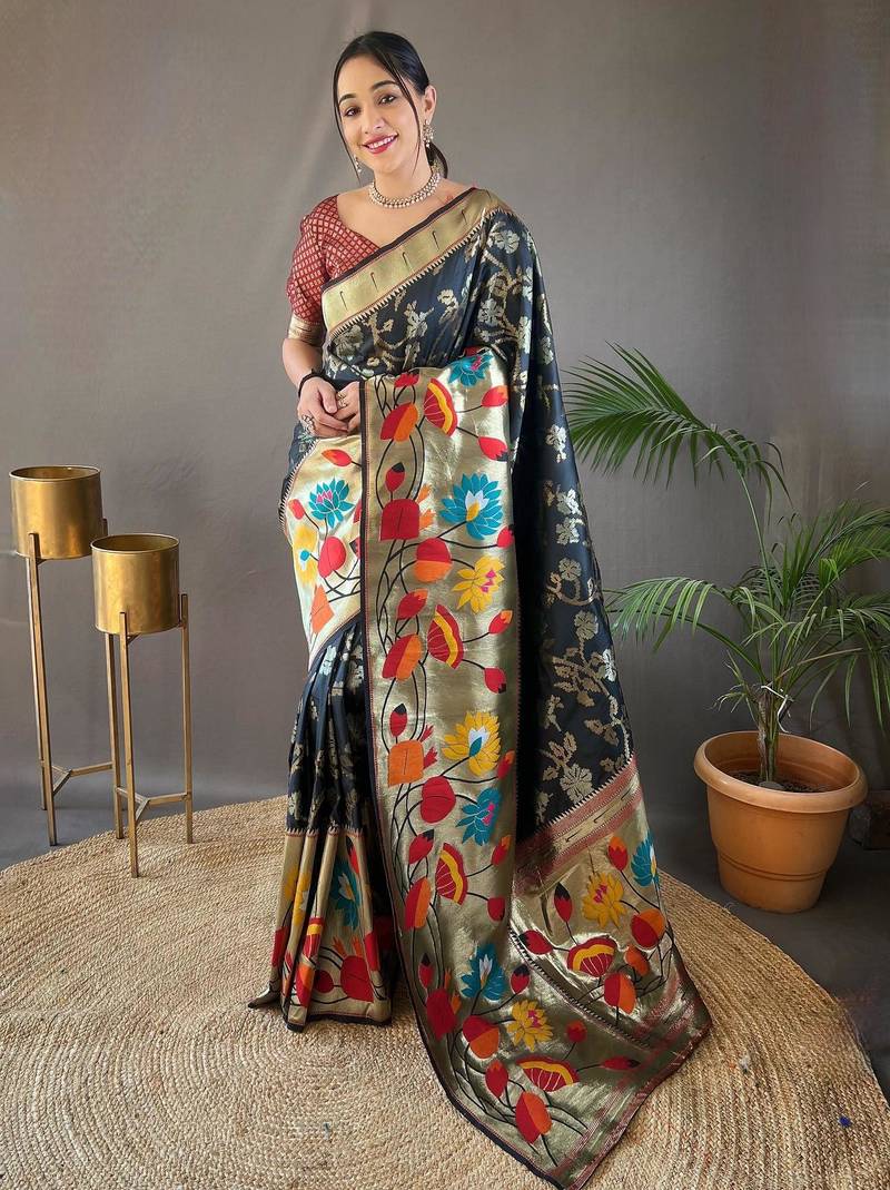 Black art silk  woven saree