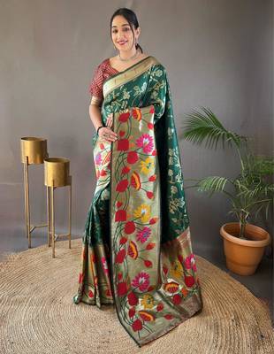 Dark green art silk  woven saree 1