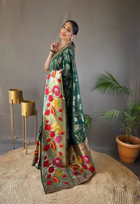 Dark green art silk  woven saree 2