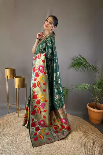 Dark green art silk  woven saree
