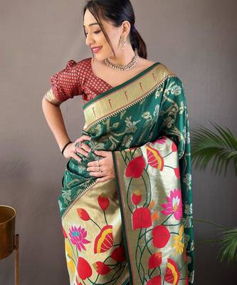 Dark green art silk  woven saree 4