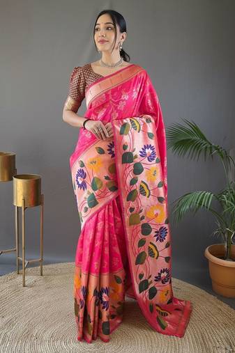 Pink art silk  woven saree