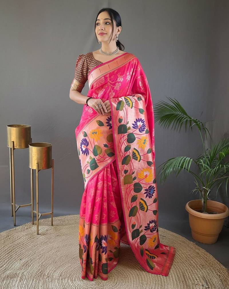 Pink art silk  woven saree