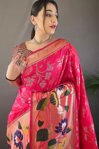 Pink art silk  woven saree