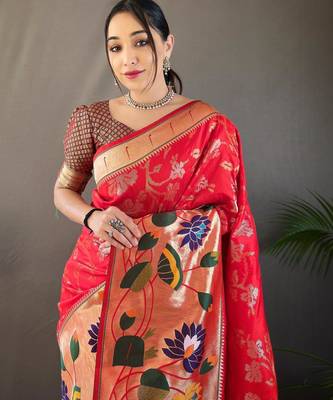 Red art silk  woven saree 3