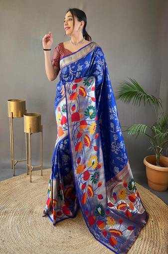 Royal blue art silk  woven saree