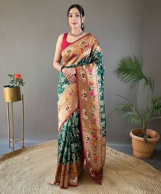 Dark green art silk  woven saree 1