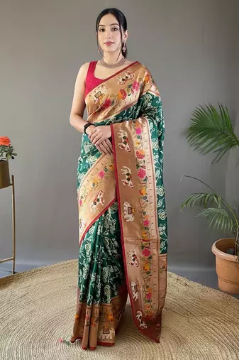 Dark green art silk  woven saree