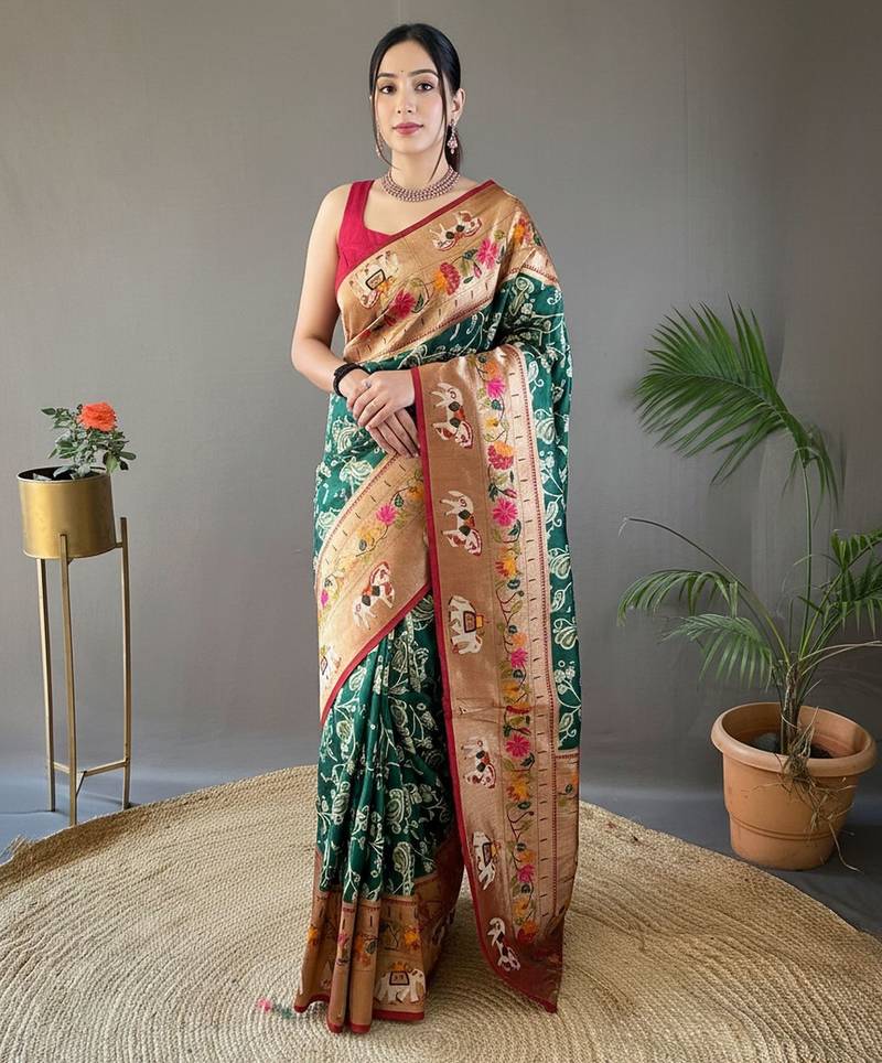 Dark green art silk  woven saree