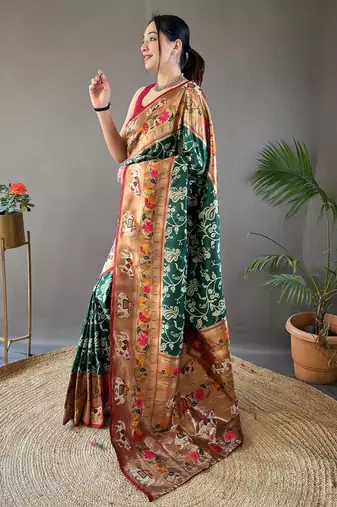 Dark green art silk  woven saree