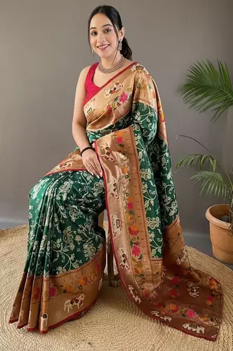 Dark green art silk  woven saree
