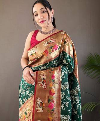 Dark green art silk  woven saree 4