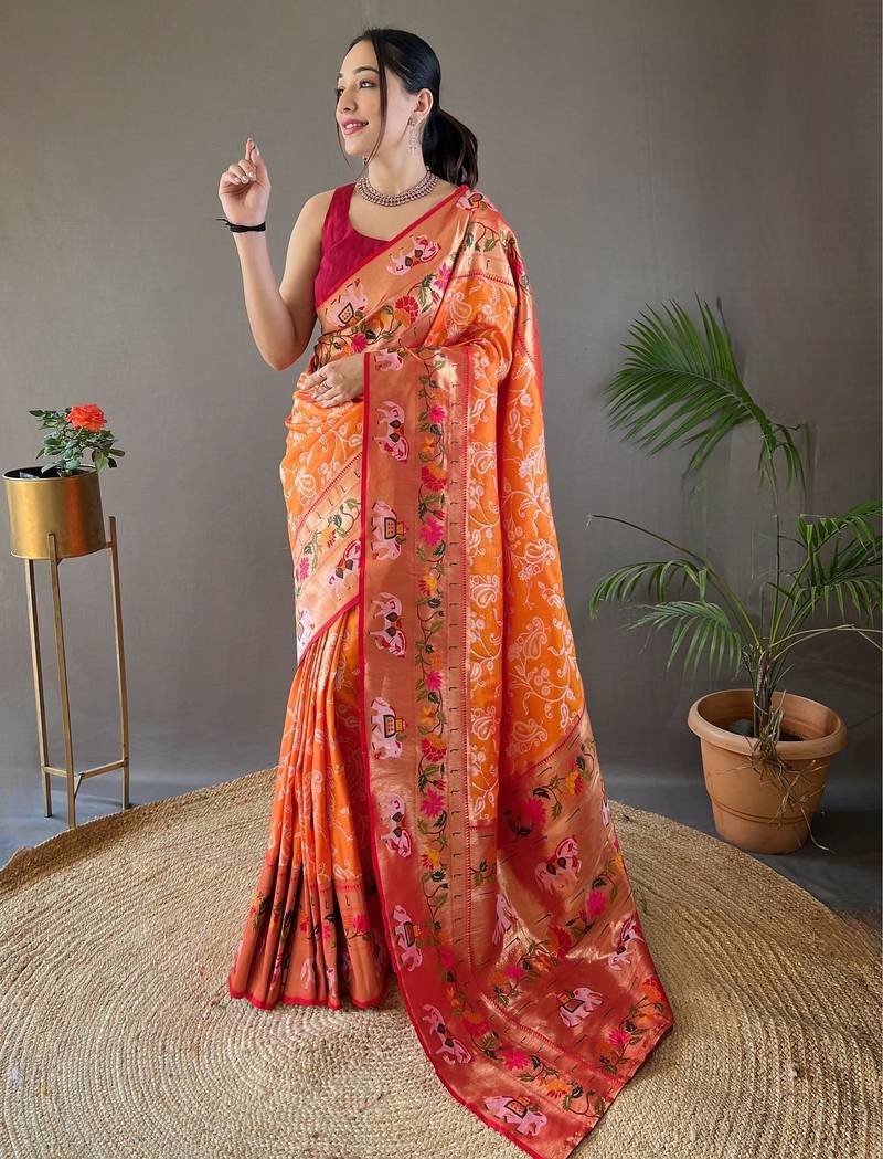 Orange art silk  woven saree