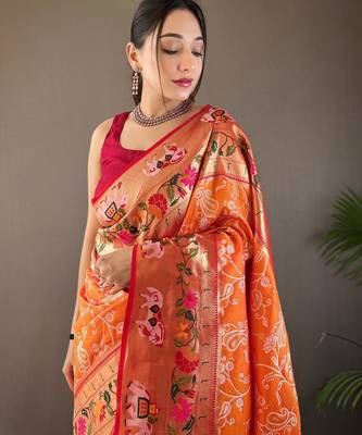 Orange art silk  woven saree 3