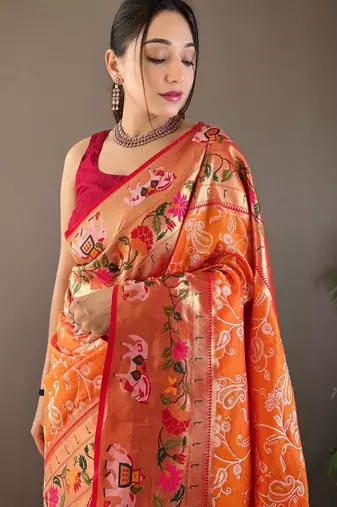 Orange art silk  woven saree