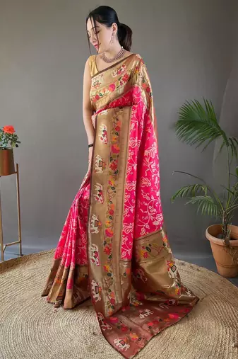 Pink art silk  woven saree