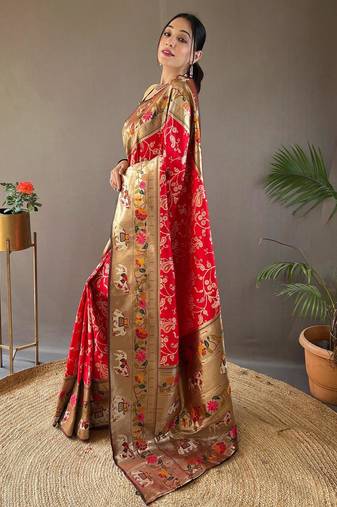 Red art silk  woven saree