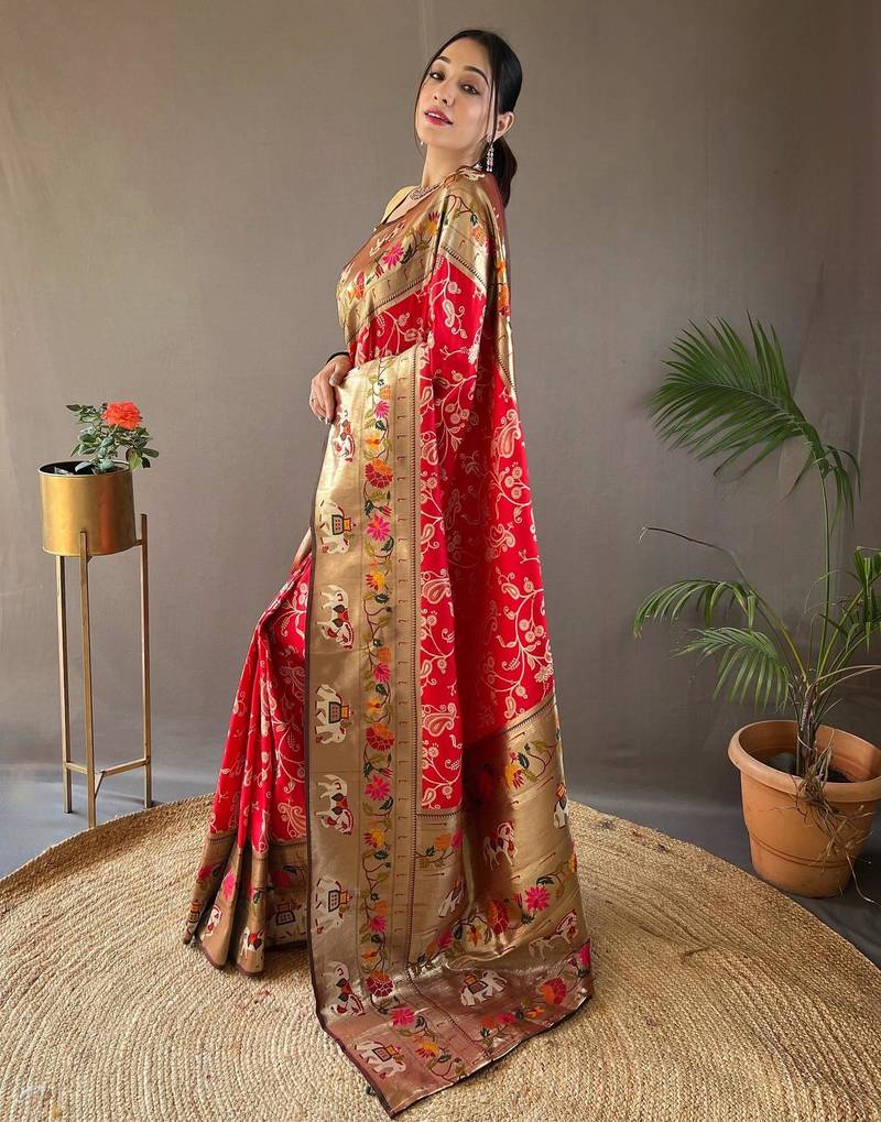 Red art silk  woven saree