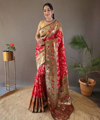 Red art silk  woven saree 2
