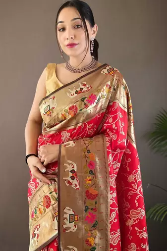 Red art silk  woven saree