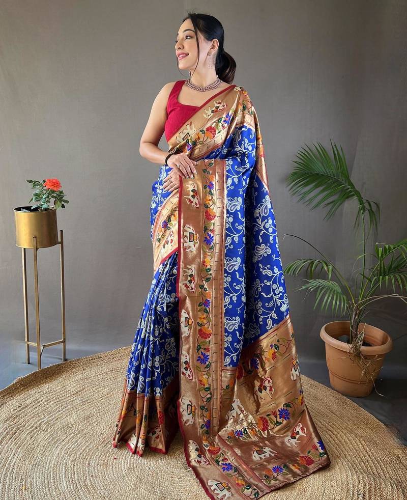 Royal blue art silk  woven saree