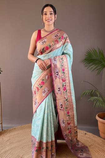Sky blue art silk  woven saree