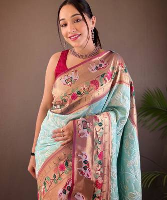 Sky blue art silk  woven saree 3