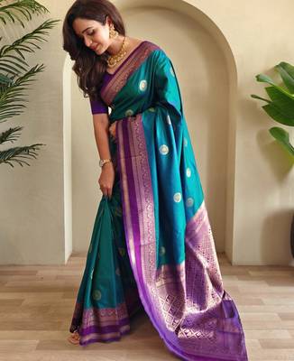 Teal art silk  woven saree 1
