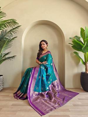 Teal art silk  woven saree 3