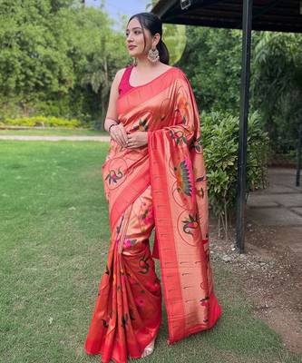 Orange art silk  woven saree 1