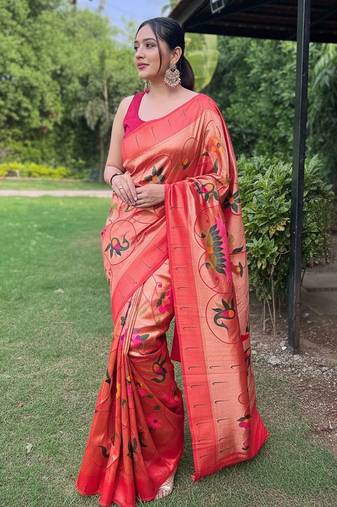 Orange art silk  woven saree