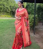 Orange art silk  woven saree