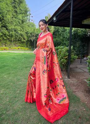 Orange art silk  woven saree 2