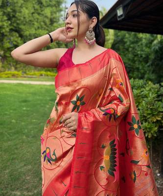 Orange art silk  woven saree 3