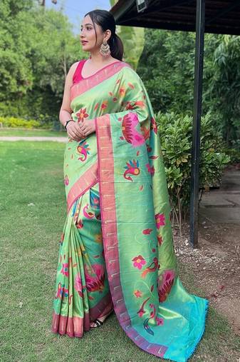 Parrot green art silk  woven saree