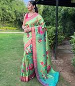 Parrot green art silk  woven saree