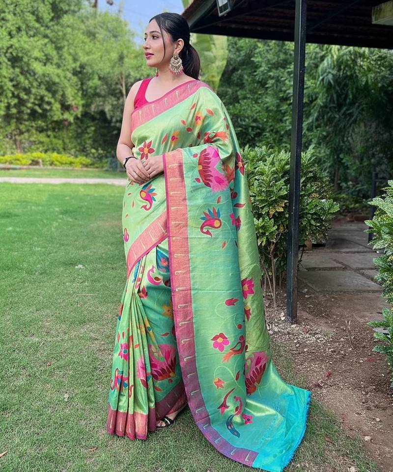 Parrot green art silk  woven saree