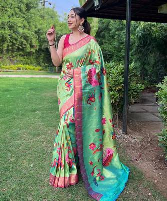 Parrot green art silk  woven saree 2