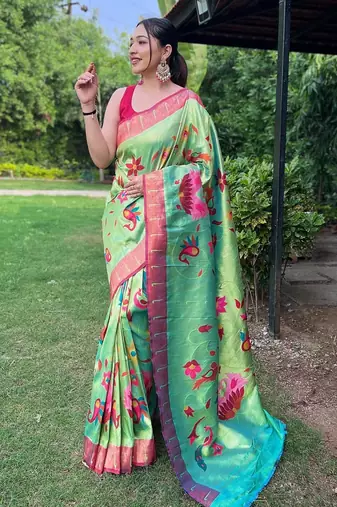 Parrot green art silk  woven saree