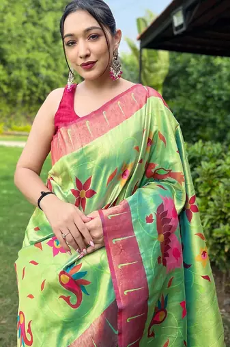 Parrot green art silk  woven saree
