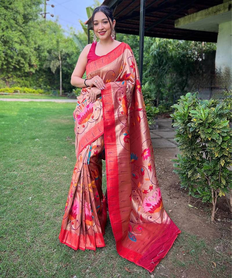 Red art silk  woven saree