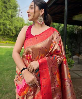 Red art silk  woven saree 3